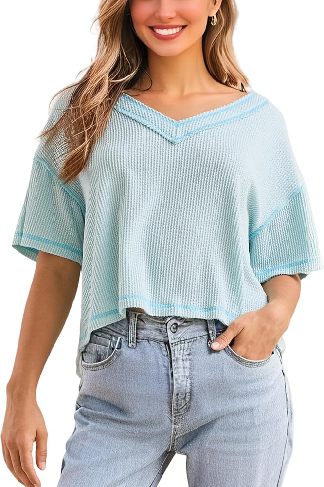 Women's T-Shirts Cropped Short Sleeve V Neck Drop Shoulder Casual Oversized Shirt Summer Tops | Amazon (US)