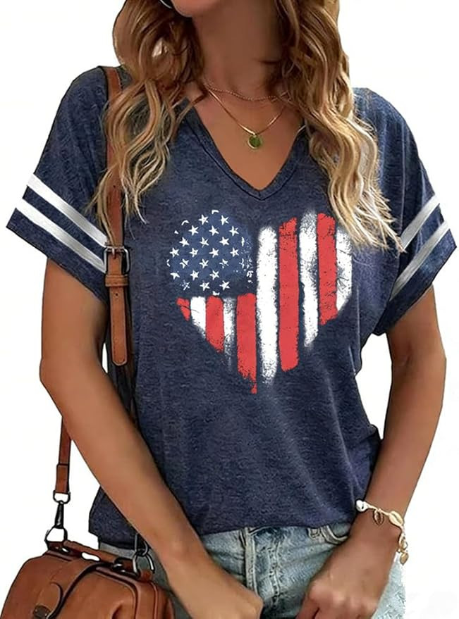 American Flag Shirts Women 4th of July V-Neck Short Sleeve Patriotic T-Shirt Memorial Day Graphic... | Amazon (US)
