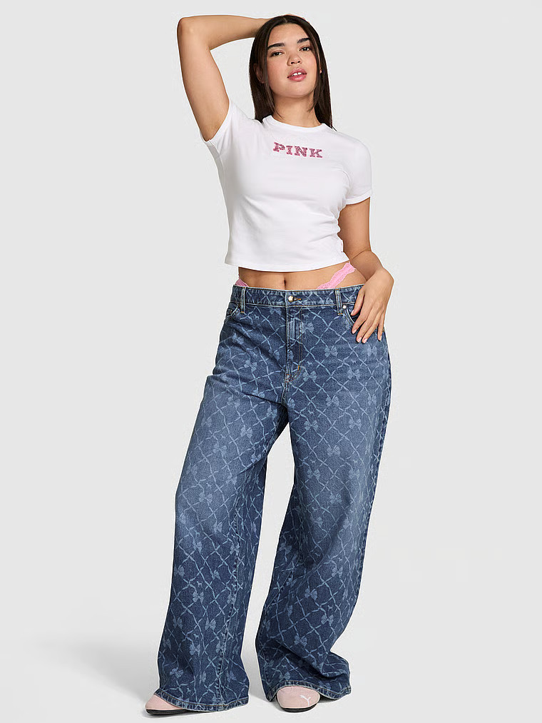 Buy PINK x LoveShackFancy Mid-Rise Baggy Wide-Leg Jeans, Bright Medium Wash - Order Bottoms onlin... | Victoria's Secret (US / CA )