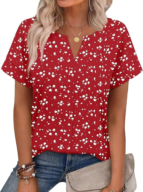 WIHOLL Womens Summer Tops 2026 Short Sleeve V Neck T Shirts Fashion Beach Vacation Clothes Busine... | Amazon (US)