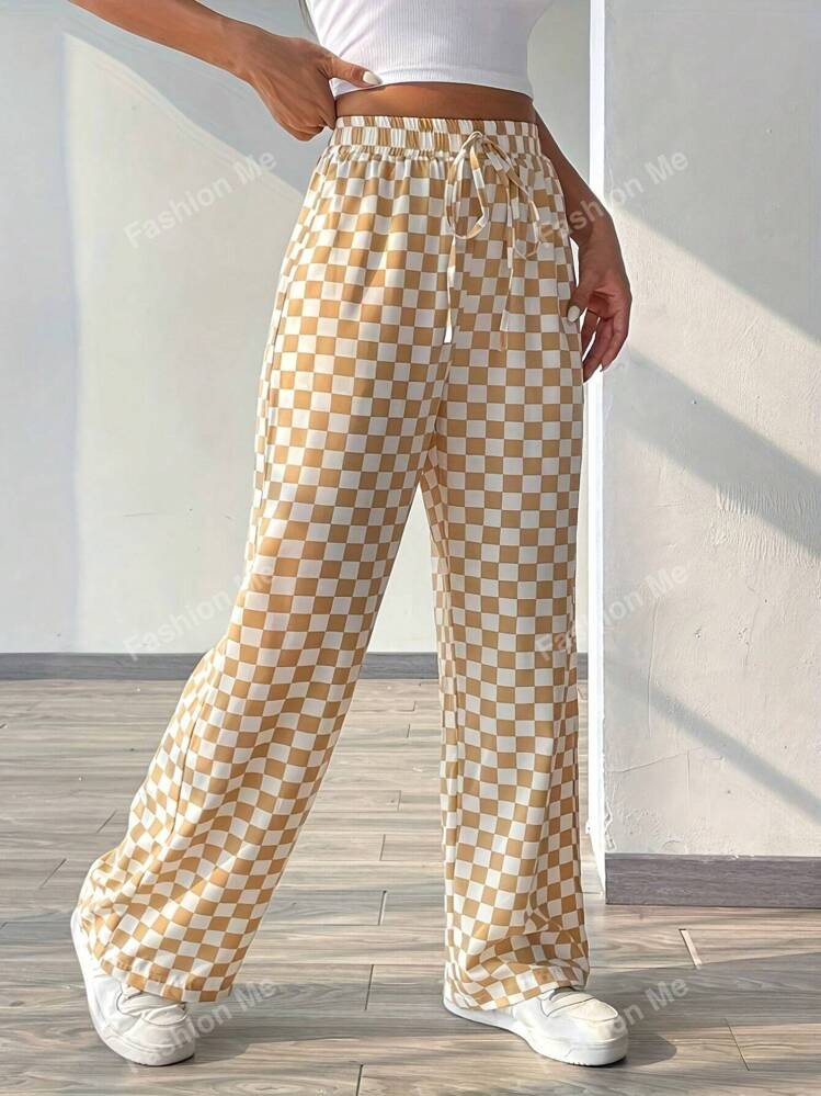 Checkered Print Casual Loose High Waist Wide Leg Pants With Tie | SHEIN