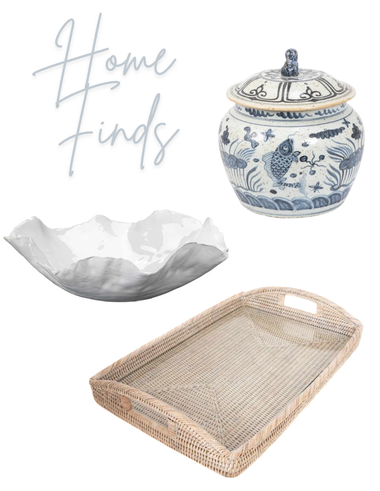 Beautiful timeless home decor finds
Tray, ginger jar, ruffled bowl