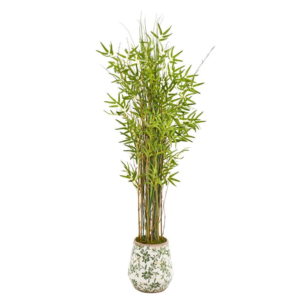 Nearly Natural 64 in. Grass Artificial Bamboo Plant in Floral Print Planter | The Home Depot