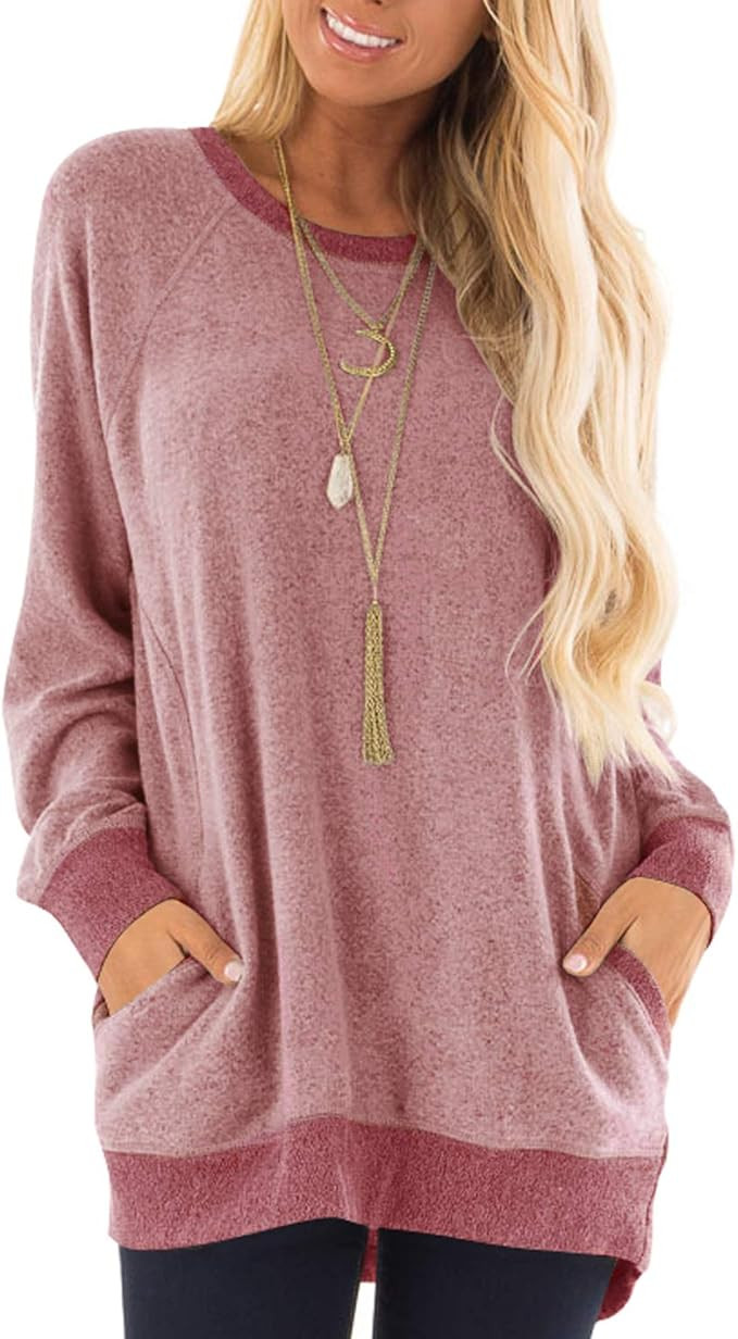 GADEWAKE Womens Casual Color Block Long Sleeve Round Neck Pocket T Shirts Blouses Sweatshirts Top... | Amazon (US)