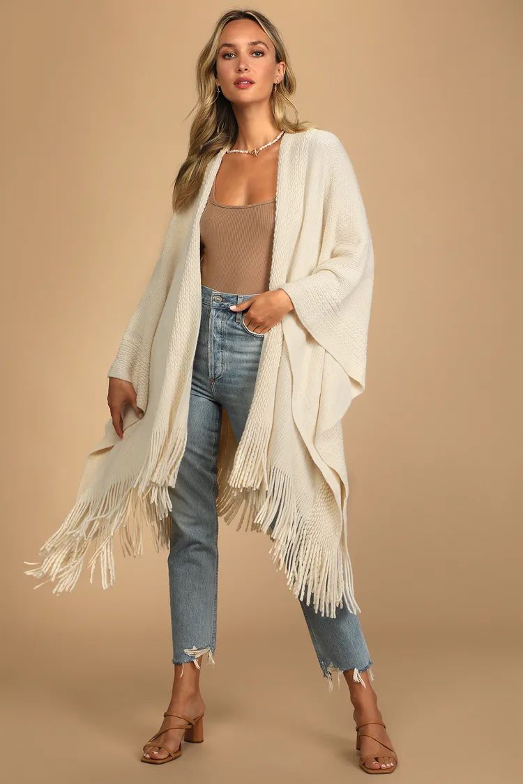 Wrapped in Cozy Ivory Knit Fringe Cardigan | Lulus (US)