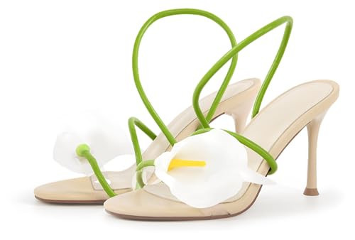 MissHeel Floral Heel for Women Flower High-Heels Green Stiletto with Flower Shoes Nude Wedding Heels Size 9 | Amazon (US)