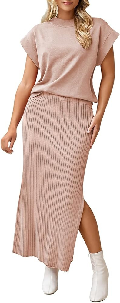 Pink Queen Women's 2 Piece Sweater Outfits Set Summer Cap Sleeve Tops Bodycon Maxi Long Skirt Kni... | Amazon (US)