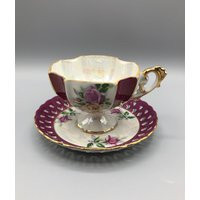 Vintage Lusterware Tea Cup & Saucer. Octagon Shape Cup With Pedestal Unique Handle, Reticulated Gold Trim On Both Pieces | Etsy (US)