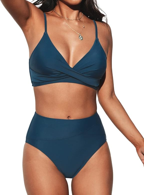 CUPSHE Women's Bikini Sets Two Piece Swimsuit High Waisted V Neck Twist Front Adjustable Spaghett... | Amazon (US)
