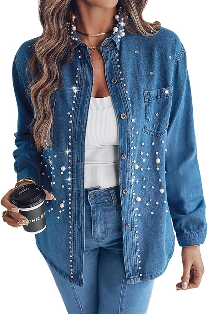 CHICME Womens Pearl Rhinestone Embellished Denim Shirt Long Sleeve Button Down Turn Down Collar C... | Amazon (US)