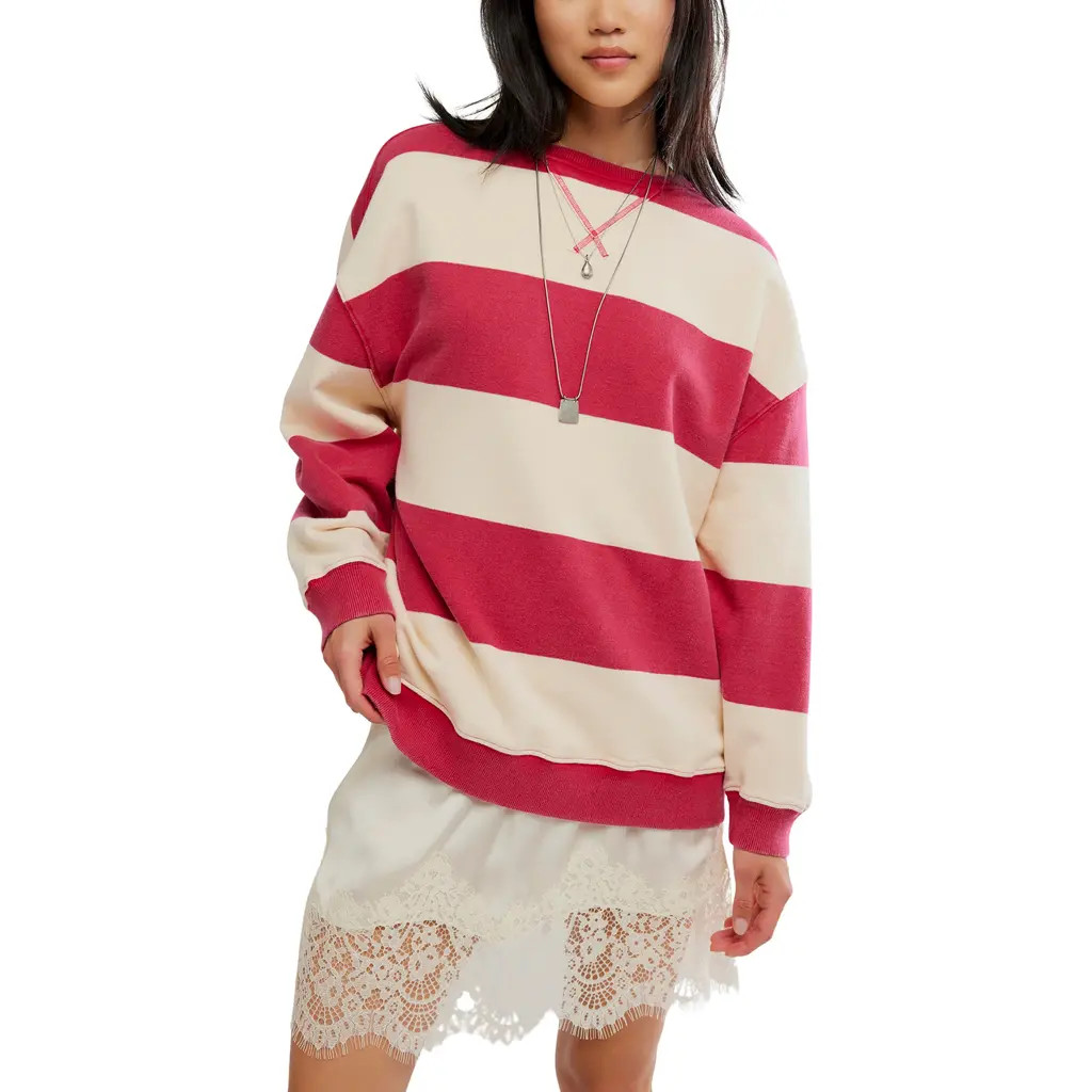 Free People Oversize Stripe Sweatshirt in Cherry Combo Wide at Nordstrom, Size Small | Nordstrom