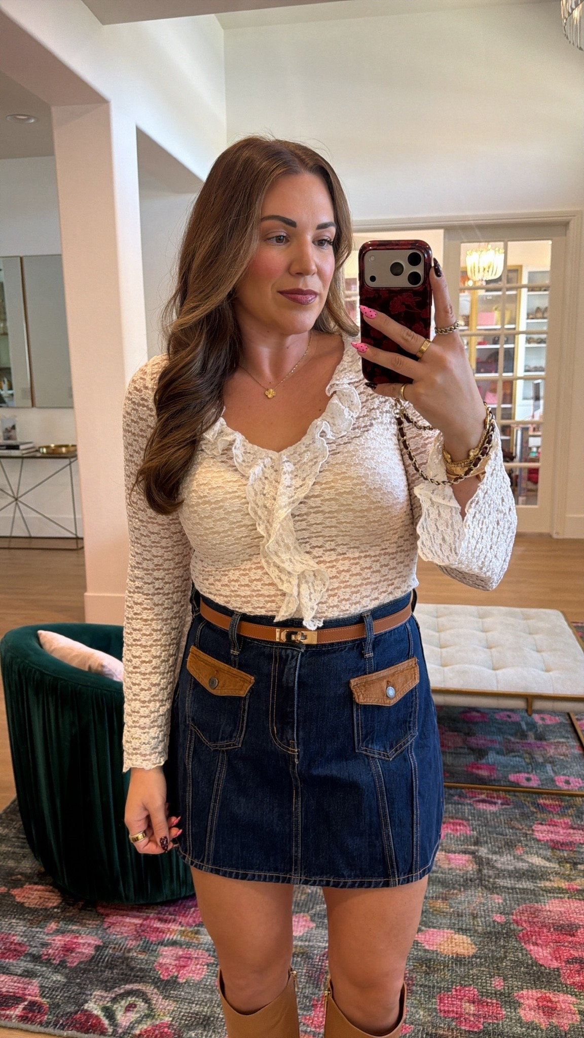 curvy midsize fall style! wearing medium in cream sheer long sleeve top and size 10 in denim mini skirt 🤎 budget friendly outfit 40% off!

#LTKSeasonal #LTKMidsize #LTKSaleAlert