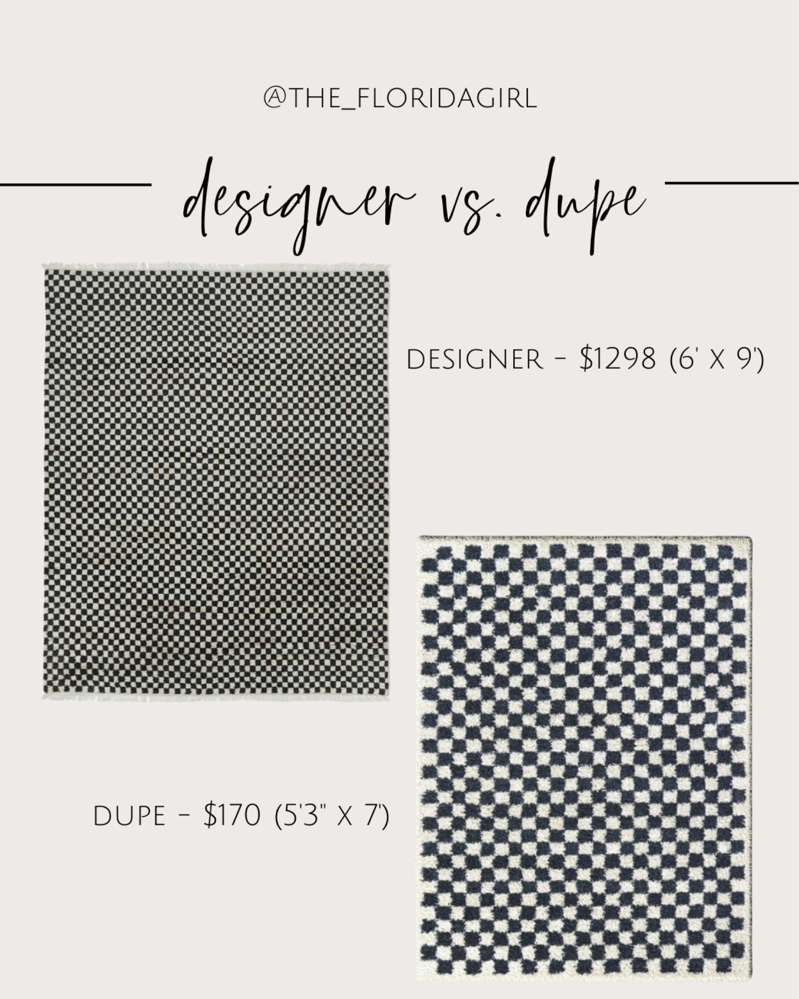 Designer vs. dupe #checkered #checkeredrug #rug #rugs #arearug #livingroom #livingroomdecor #homeaccessories #homefinds #dupe #sale #bargainfinds #splurge #save 

#LTKFind #LTKhome #LTKsalealert