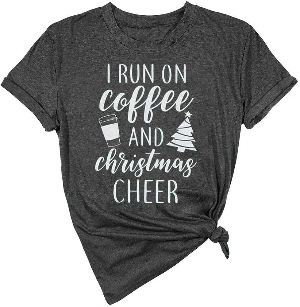 Christmas Shirts for Women I Run On Coffee and Christmas Cheer Shirt Funny Graphic Print Short Sl... | Amazon (US)