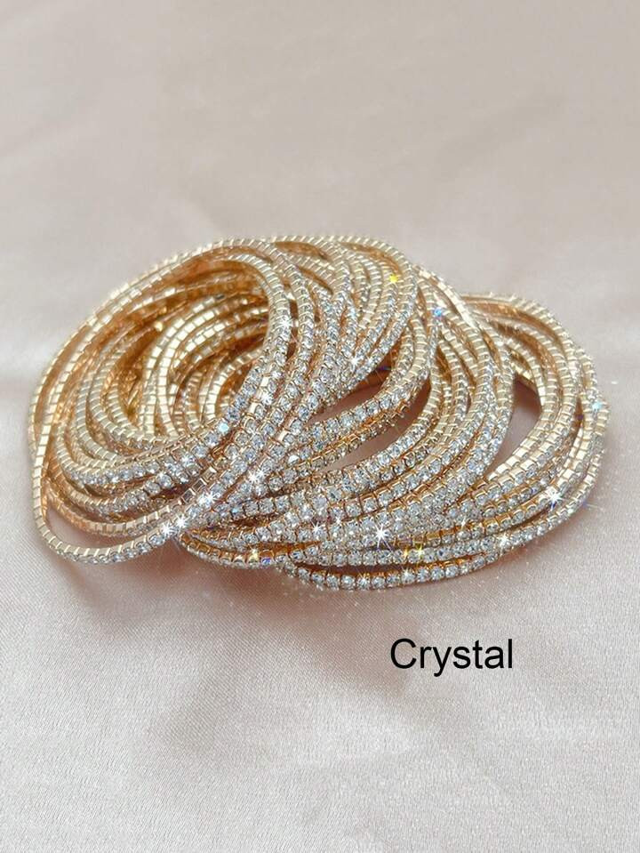 12pcs Sparkling White Rhinestone Beaded Women's Elastic Bracelets For Parties | SHEIN