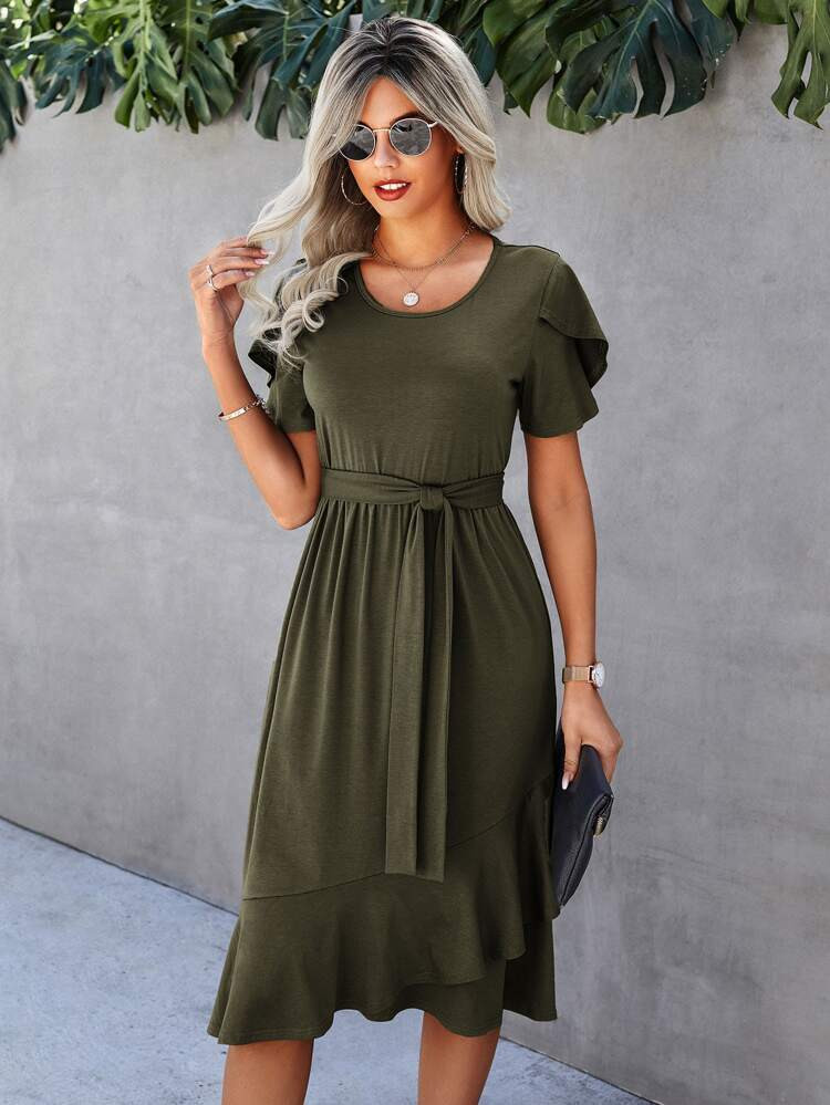 Petal Sleeve Ruffle Trim Wrap Hem Belted Dress | SHEIN