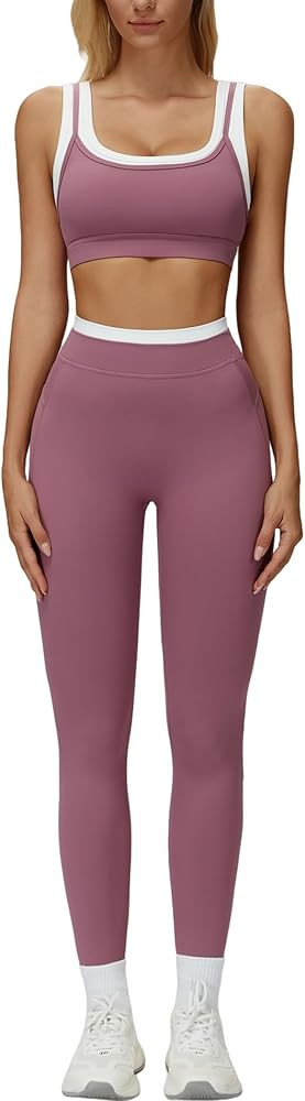 QBGJTD Womens Workout Set Two Piece U Back Color Block Sports Bra Matching High Waist Leggings Gy... | Amazon (US)