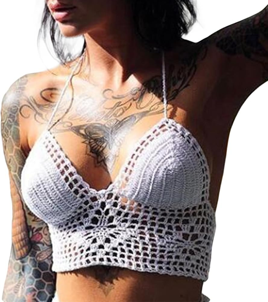 Crochet Halter Tops for Women Backless Camisole Knit Bra Tops Bralette Summer Beachwear | Amazon (US)