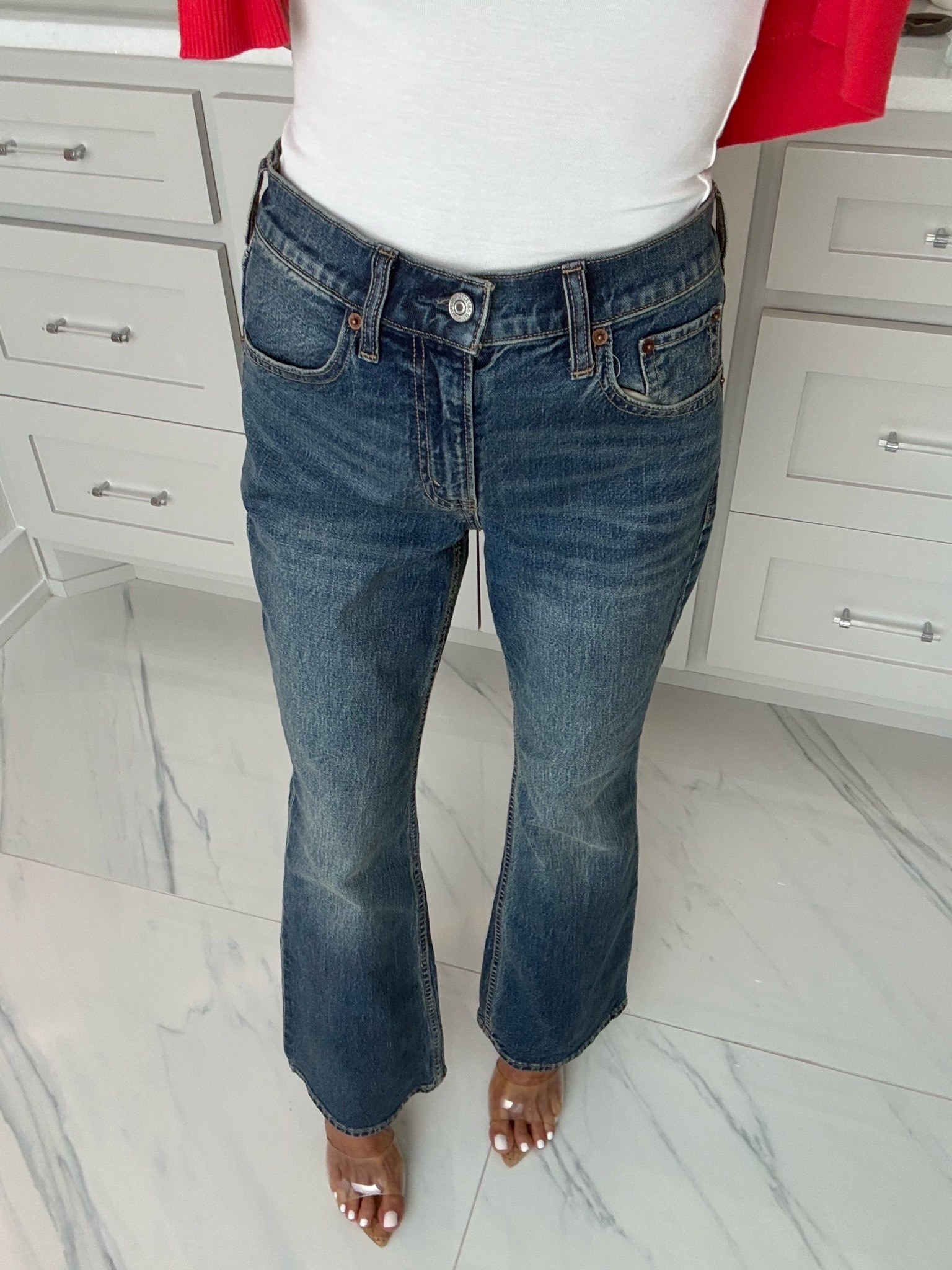 Petite friendly bootcut jeans with removable belt (I took off!) wearing 23 x short - code DENIMAF stacks on top

#LTKPetite #LTKSaleAlert
