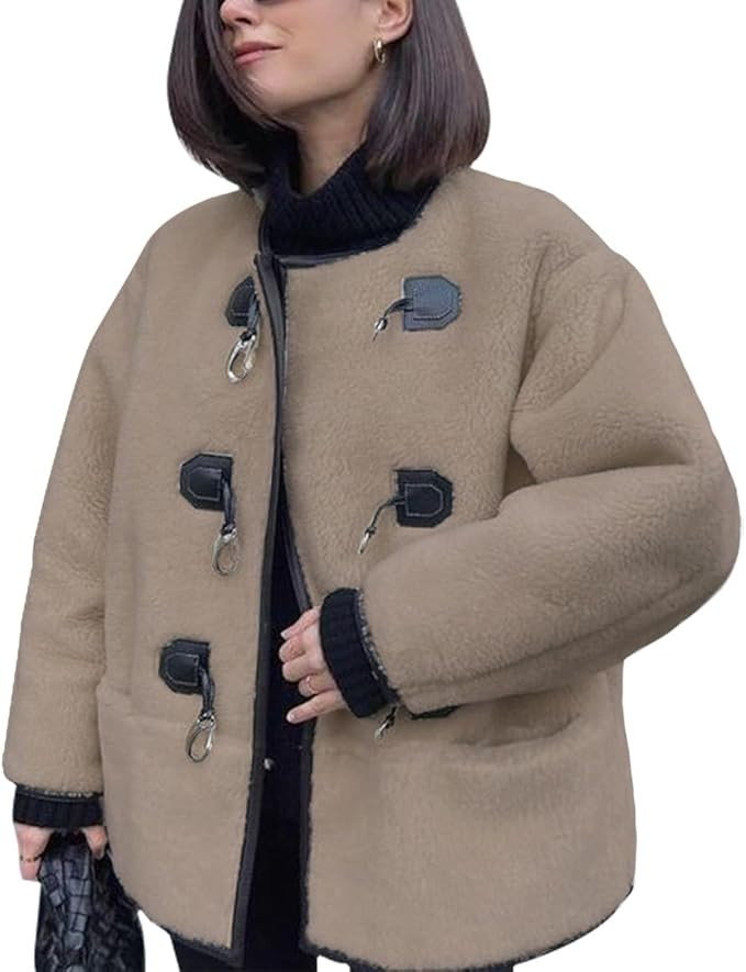 yoeasy Women's Collarless Button Down Sherpa Fleece Jacket Loose Long Sleeve Outwear Coat With Po... | Amazon (US)