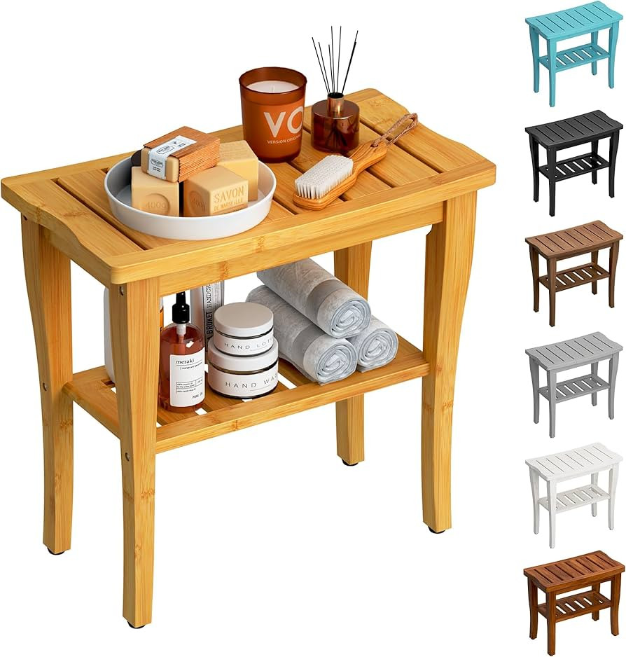 Bamboo Shower Bench Stool with Storage Shelf, Waterproof Shower Chair Spa Bath Seat, Shower Stool... | Amazon (US)