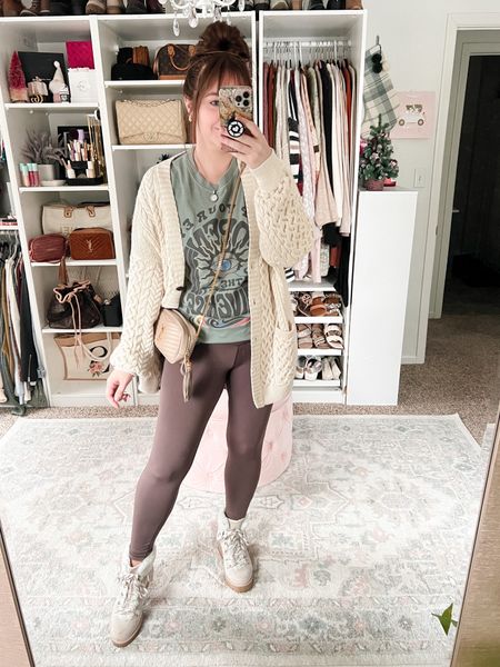 Real life mom outfit. comfy, yet cute loungewear winter outfit look. Featuring my fave cable knit cardigan and graphic tee

#leggings #aerie #aerieleggings #winteroutfit #winteroutfits #cardigan

#LTKunder50 #LTKSeasonal #LTKsalealert