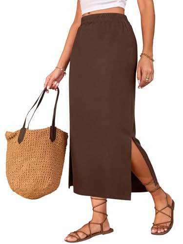 Women's Plus Size Midi Skirt High Waist Split Thigh Pencil Skirts Brown L | Amazon (US)