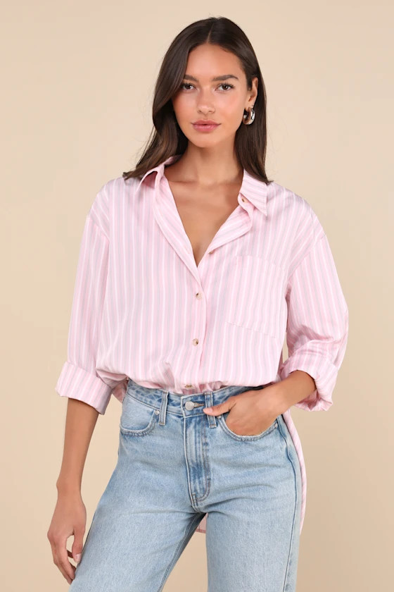 Poised Delight Pink Striped Oversized Button-Up Top | Lulus