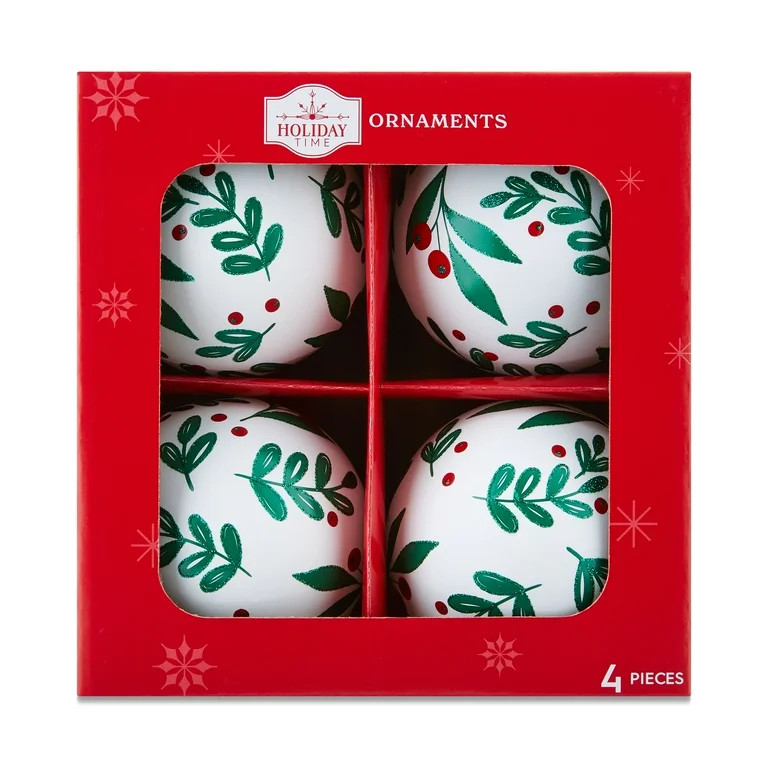 4 Count Holly Leaves Christmas Ornaments, White/Green/Red, 4 in, by Holiday Time | Walmart (US)