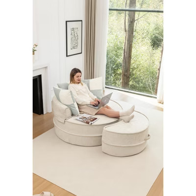 Lazy Single Sofa Upholstered Chaise Lounge Sleeper Sofa Round Accent Barrel Chair Leisure Chair with 5 Pillows & Ottoman, Beige  - ModernLuxe | Target