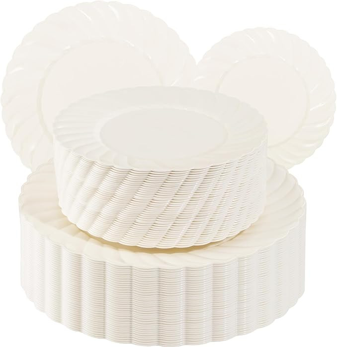 U-QE 100Piece Thanksgiving Plates Disposable - Ivory Plastic Plates Disposable Heavy Duty - High ... | Amazon (US)