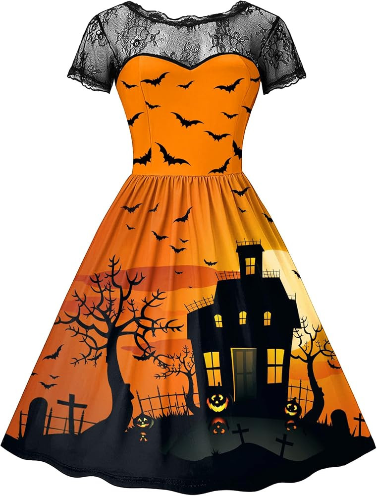 Spadehill Womens Halloween Costume Lace Short Sleeves Swing Dress | Amazon (US)