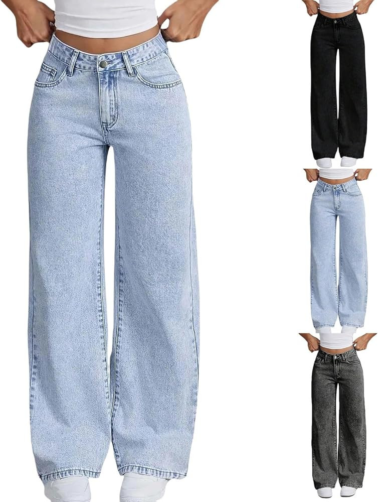 Jeans for Girls Cute Baggy Pants Wide Leg High Waisted Trousers with Pocket | Amazon (US)