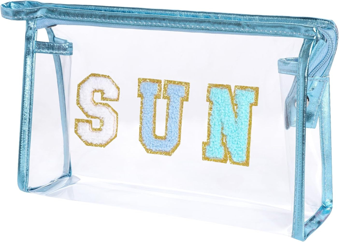 Clear Preppy Patch Makeup Bag, Sun Chenille Letter Bag for Beach, Clear Pouch with Zipper, Preppy Travel Bags Clear Cosmetic Toiletry Bag for Women Girls Teens (Blue) | Amazon (US)