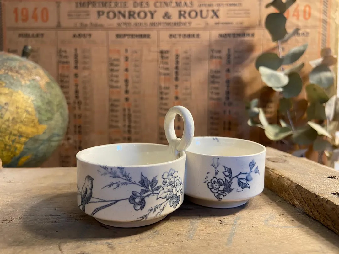 Salt and Pepper Shaker "linotte" CREIL MONTEREAU Very Rare Ironstone With Blue Birds Double Salt ... | Etsy (US)