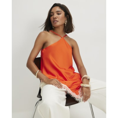 Orange Satin Lace Trim Halter Neck Top | River Island UK & IE