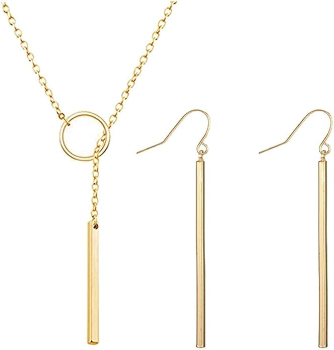 Dcfywl731 Minimal Dainty Gold Plated Dangle Earrings Layered Bar Pendant Neckalce Gold Long Y-Nec... | Amazon (US)