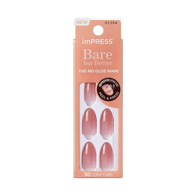 KISS imPRESS Bare but Better  Press on Nails, Serenity, Pink, Medium Almond, 30 Count | Walmart (US)