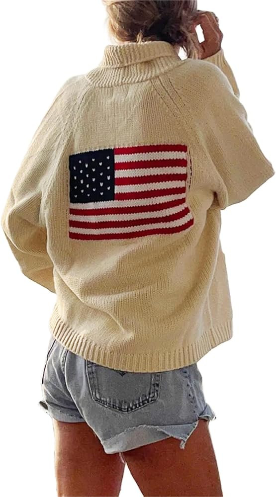 Women Y2k American Flag Pattern Sweater Solid Color Fourth of July Cardigan Patriotic Knic USA Bu... | Amazon (US)