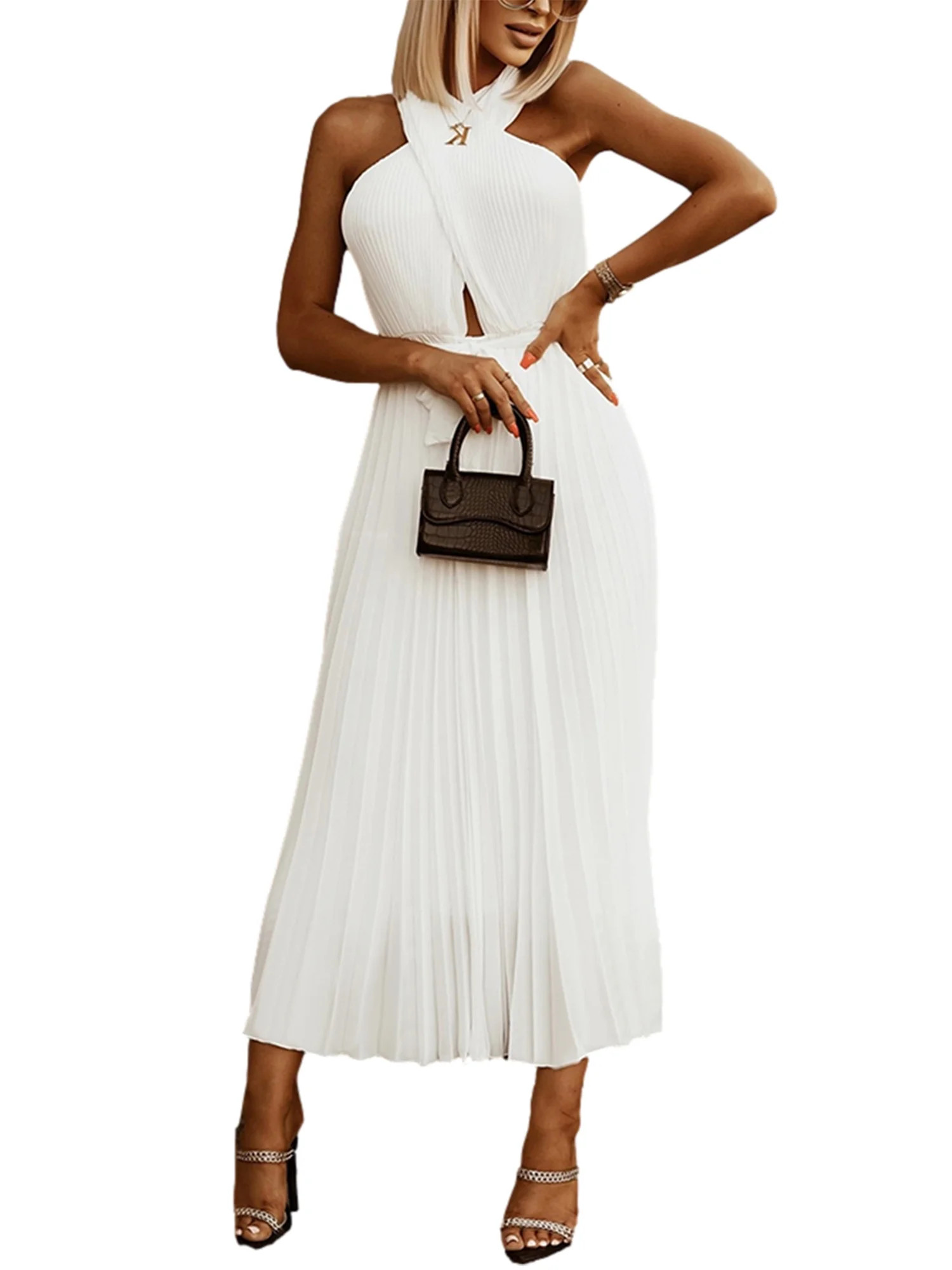 One opening Women Chiffon A-line Halter Criss Cross Front Cut Out Pleated Maxi Dress Summer Long ... | Walmart (US)