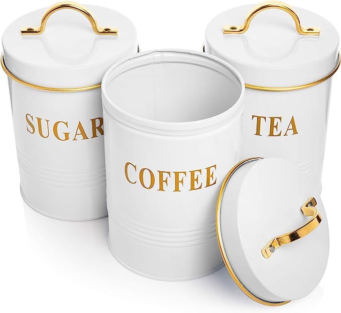 White Tea Coffee Sugar Canister Set with Airtight Lids for Fresher Goods - Farmhouse Canisters fo... | Amazon (US)