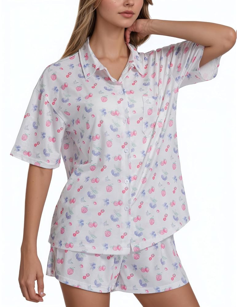 2 Piece Bow Pajamas For Women Cute Y2k Cherry Plaid Heart Pjs Fruit Collared Sets Sleepwear Loung... | Amazon (US)