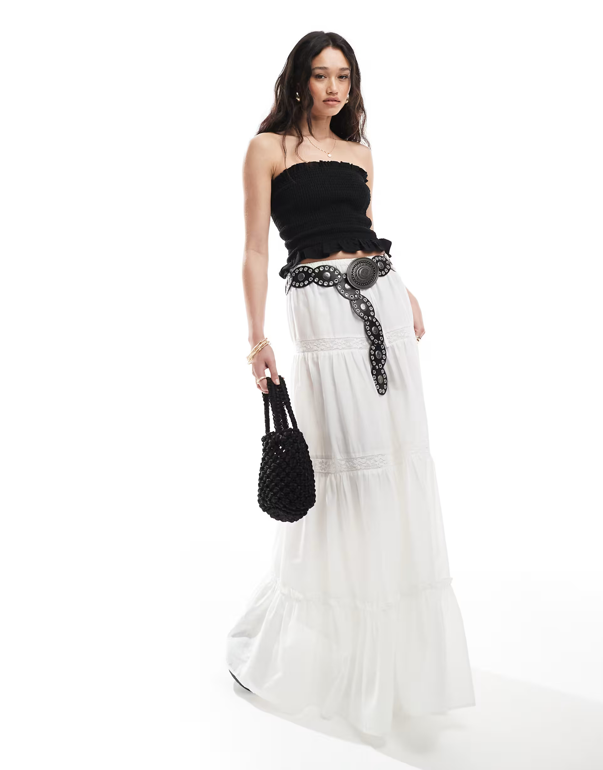 ASOS DESIGN lace insert tiered boho maxi skirt in white | ASOS | ASOS (Global)
