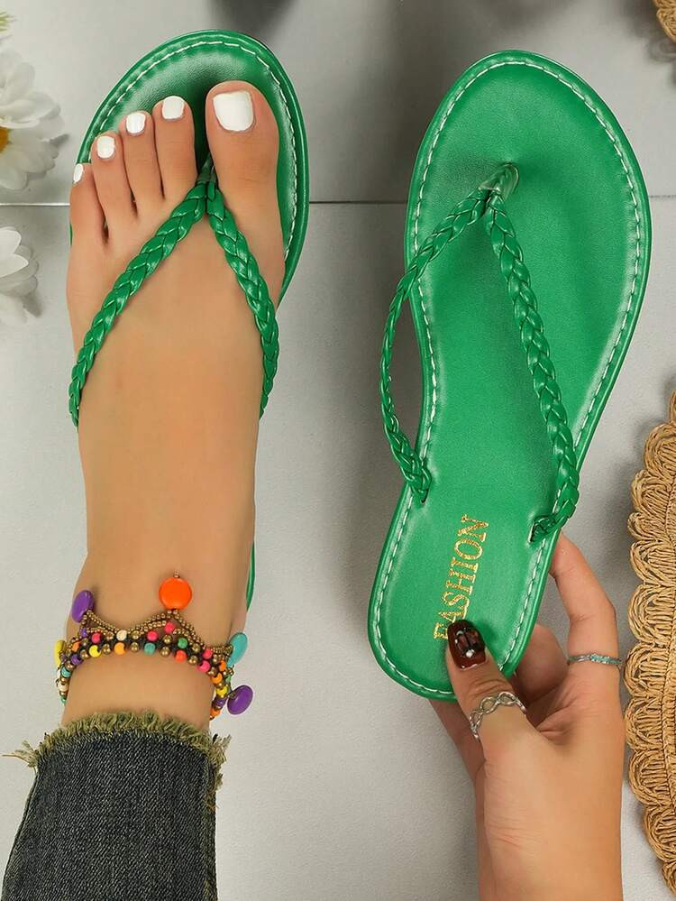 Woven Thong Sandals For Women, Flat Flip Flops, Casual Vacation Style Beach Sandals, Open Toe Slippers For Summer Outdoor, Fashion French Style Suitable With Dresses For Beach | SHEIN