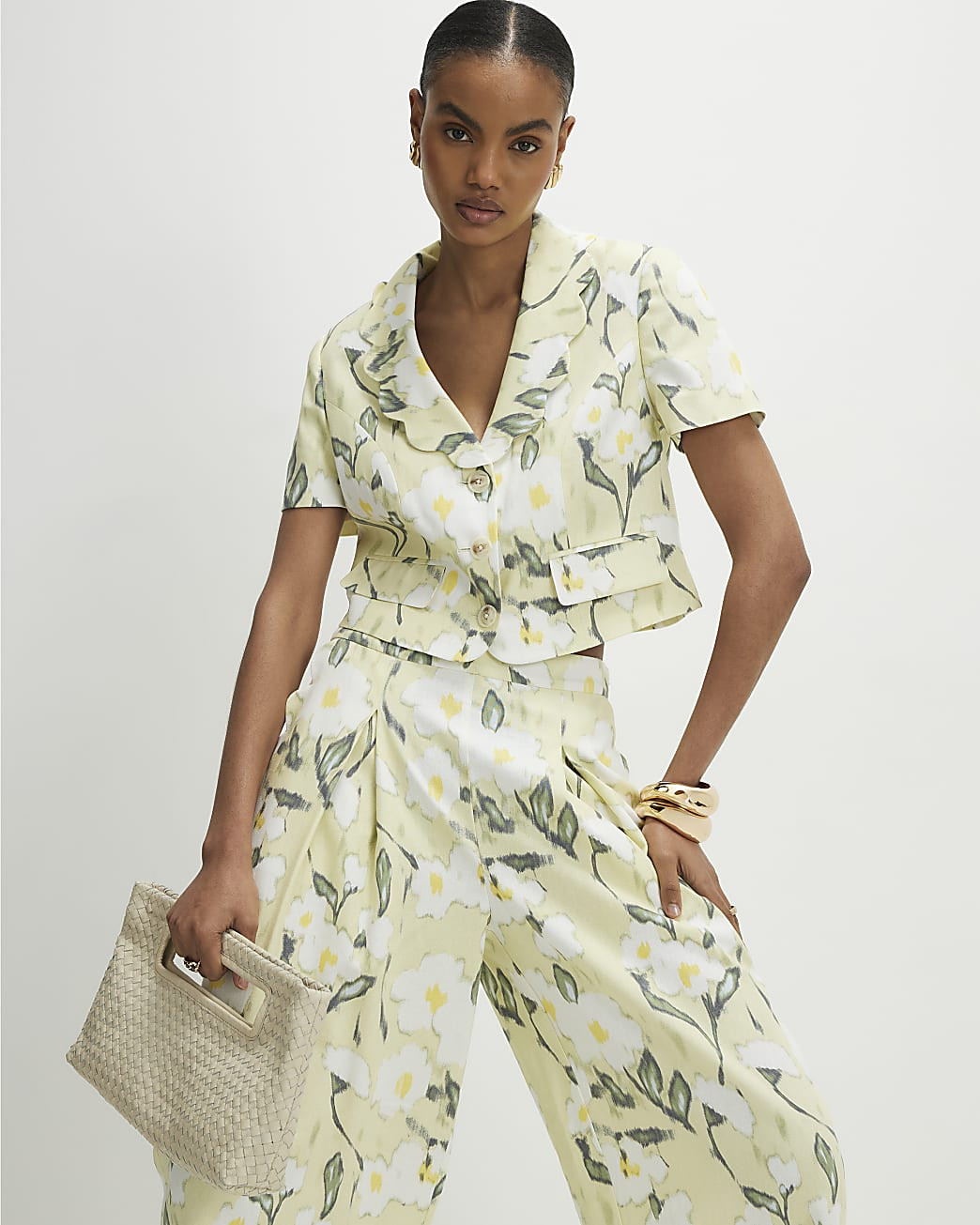 Green Linen Blend Floral Scallop Trim Jacket | River Island UK & IE