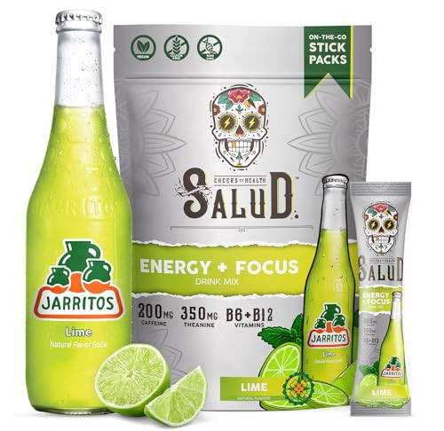 Salud x Jarritos 2-in-1 Energy Drink Powder + Focus, Lime, Organic Caffeine, B6 + B12, Theanine, Clean Energy Drink Packets, Limon Agua Fresca Mix, Non-GMO, Gluten Free, 1g of Sugar, (15 Servings) | Amazon (US)