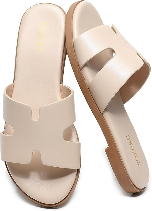 Yozuru Womens Flat Sandals Open Toe Dressy Summer Sandals Comfortable Casual Slip on Leather Slid... | Amazon (US)