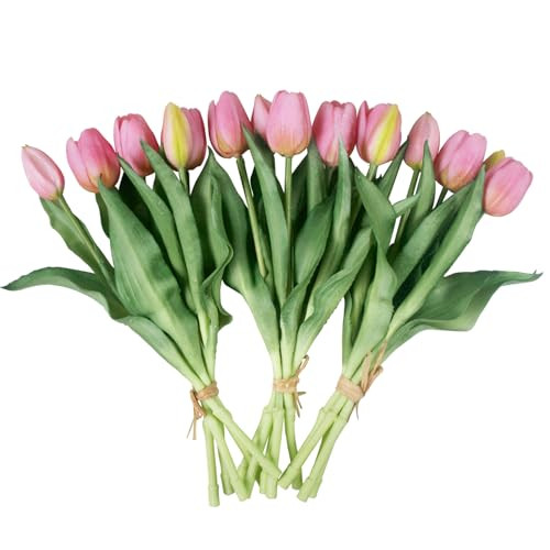 Moderspace 15pcs Artificial Tulips Flowers, Fake Tulips Real Touch, Faux Latex Bouquets, for Party Wedding Home Room Decoration (Pink) | Amazon (US)