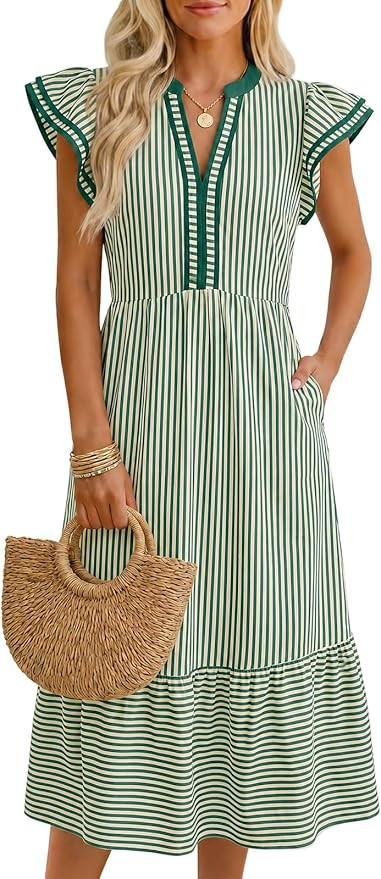 Wenrine Womens Summer Floral Midi Dresses Ruffle Cap Sleeve V Neck Striped Flowy Boho Casual Beac... | Amazon (US)