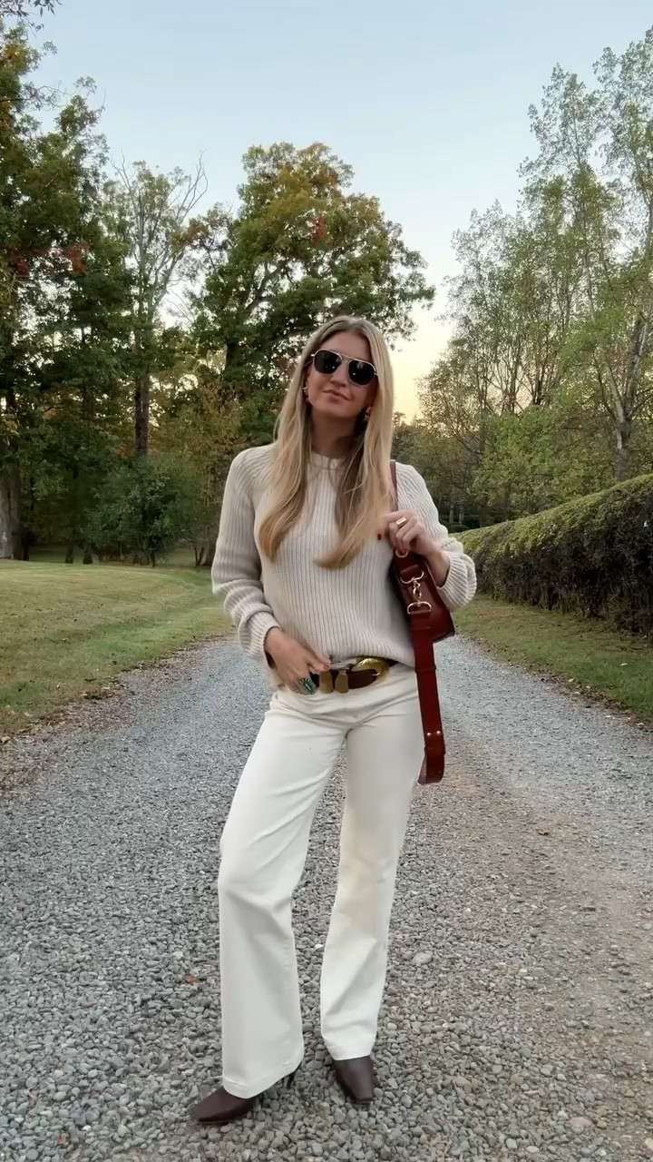 Cream sweater + white denim + kitten heel boots. 
Sweater: runs small. I recommend sizing 2 sizes up for an oversized fit. 
Pants: run TTS
Boots: run TTS


#LTKStyleTip #LTKBeauty #LTKSeasonal